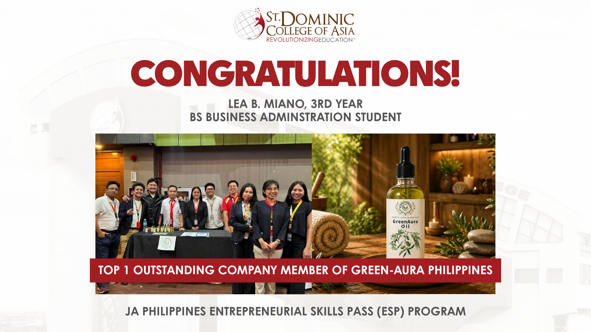 SDCA BSBA Student Named Top 1 Outstanding Company Member in JA Philippines ESP Program