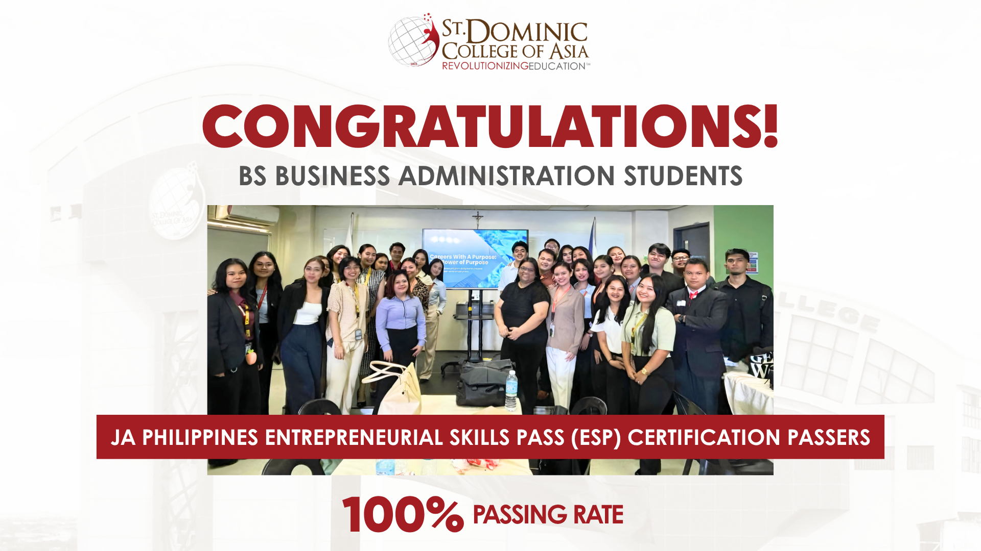 SDCA BSBA Students Achieve 100% Passing Rate in JA Philippines ESP Certification Exam