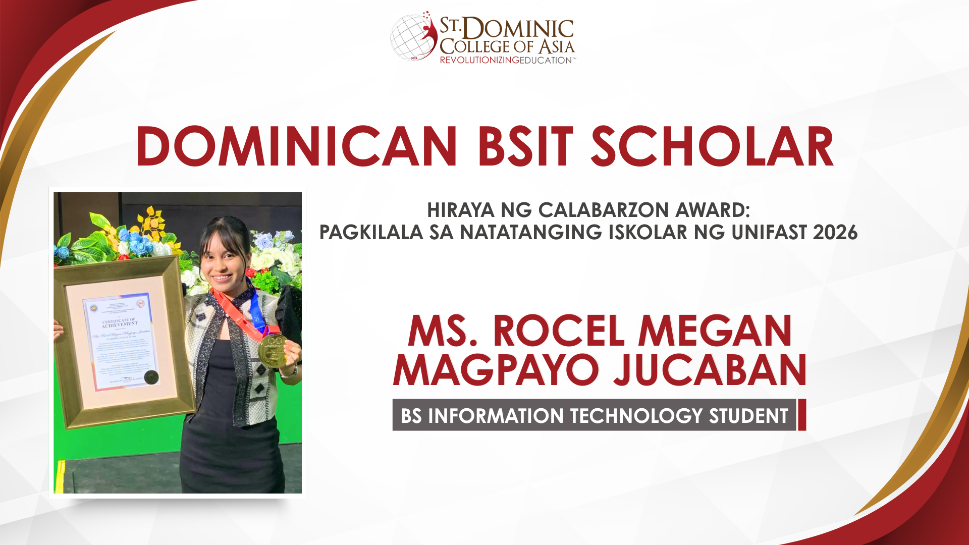 SDCA BSIT Graduating Student Receives Hiraya ng CALABARZON Award