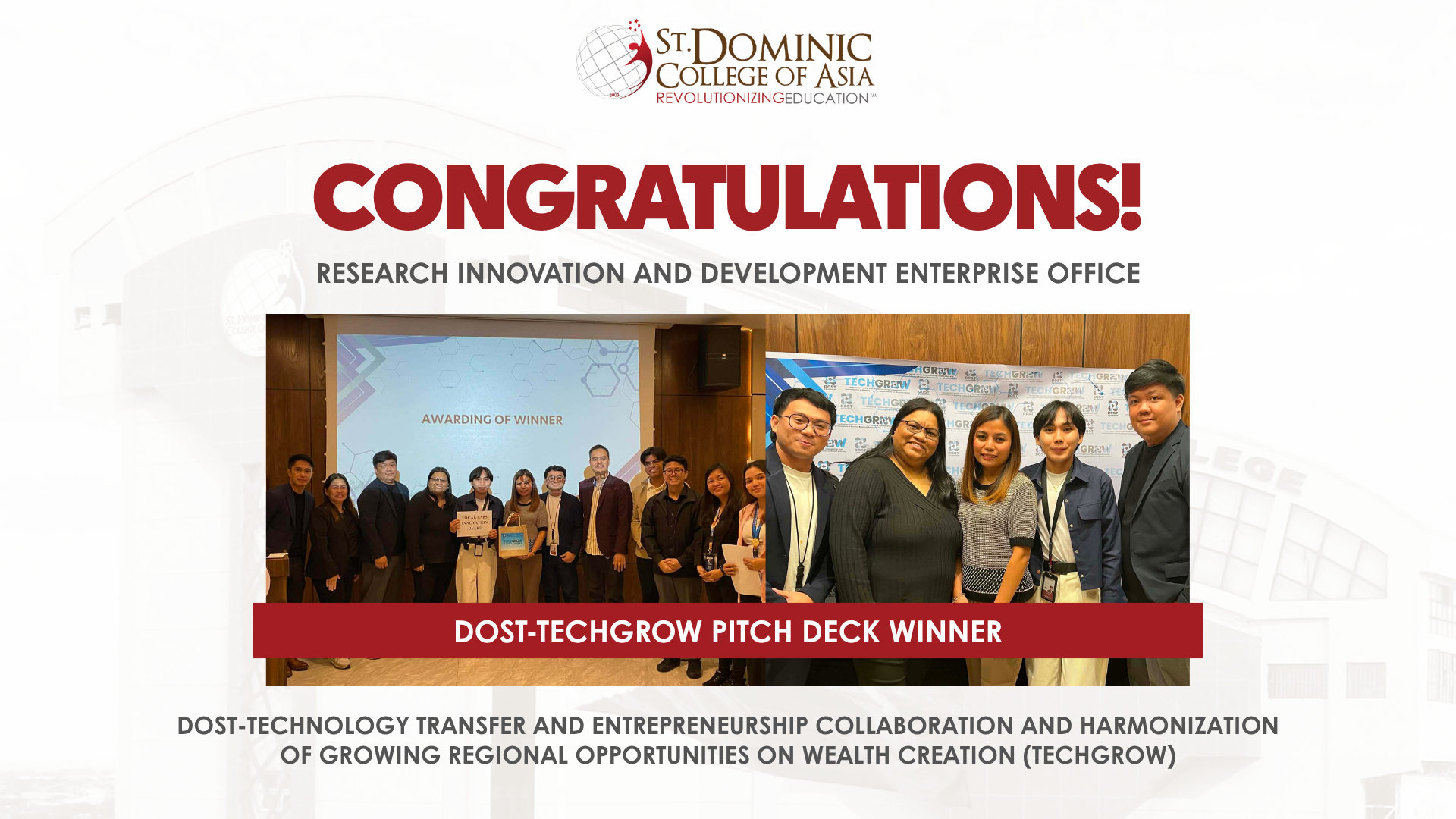 SDCA Research Innovation and Development Enterprise Wins DOST-TECHGROW Season 2 Pitch Deck
