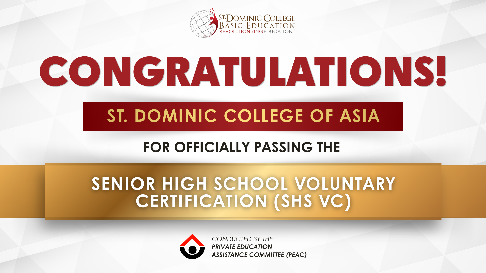 SDCA Senior High School Passes PEAC Senior High School Voluntary Certification