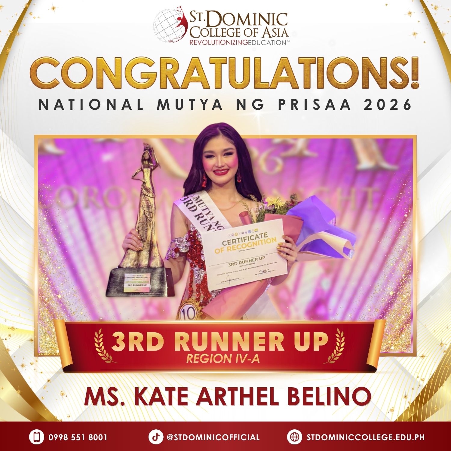 SDCAs Kate Arthel Belino Earns 3rd Place in National Mutya ng PRISAA 2026