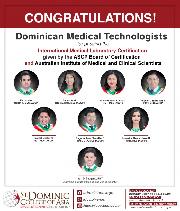 DOMINICAN MEDICAL TECHNOLOGISTS PASS THE INTERNATIONAL MEDICAL LABORATORY CERTIFICATION GIVEN BY THE AMERICAN SOCIETY FOR CLINICAL PATHOLOGY (ASCP) BOARD OF CERTIFICATION AND THE AUSTRALIAN INSTITUTE OF MEDICAL AND CLINICAL SCIENTIST