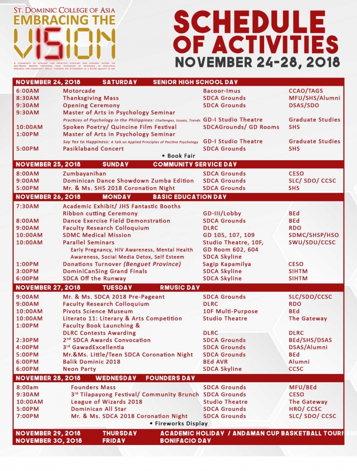 Schedule of Activities of SDCA's 15th Year Anniversary