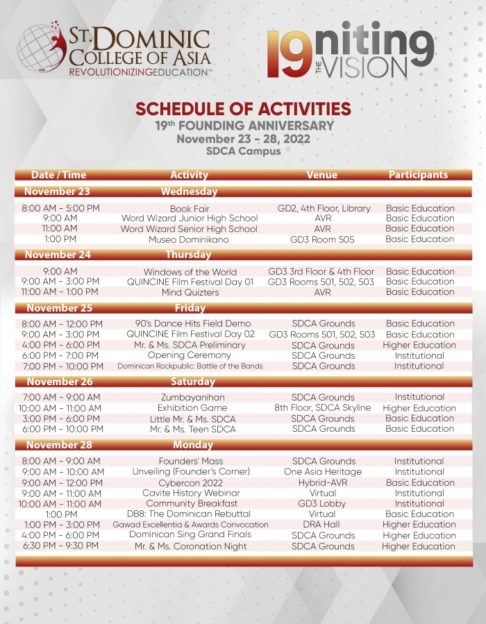 Schedule of Activities for 19th Founding Anniversary